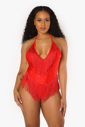 Red Fringe and Rhinestone Halter Bodysuit